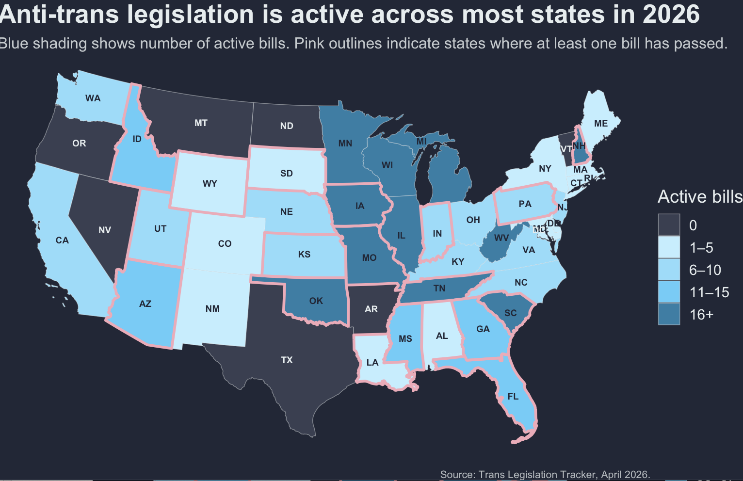 Map showing anti-trans policy severity by state.